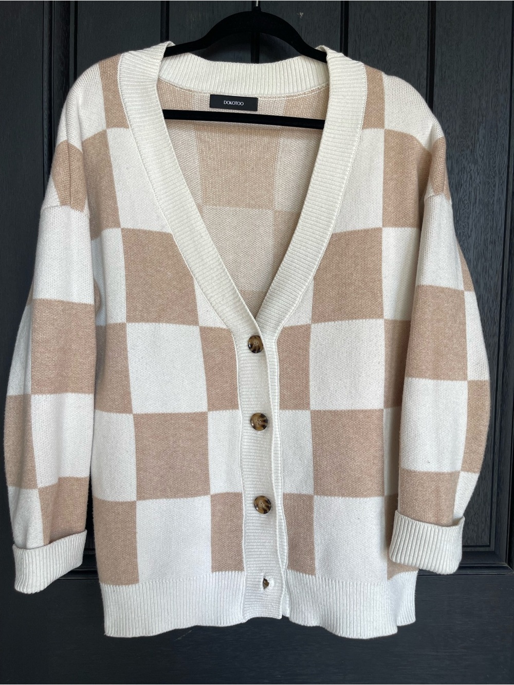 Dokotoo Buffalo Plaid Cardigan Sweater Neutral Cream Beige Size M